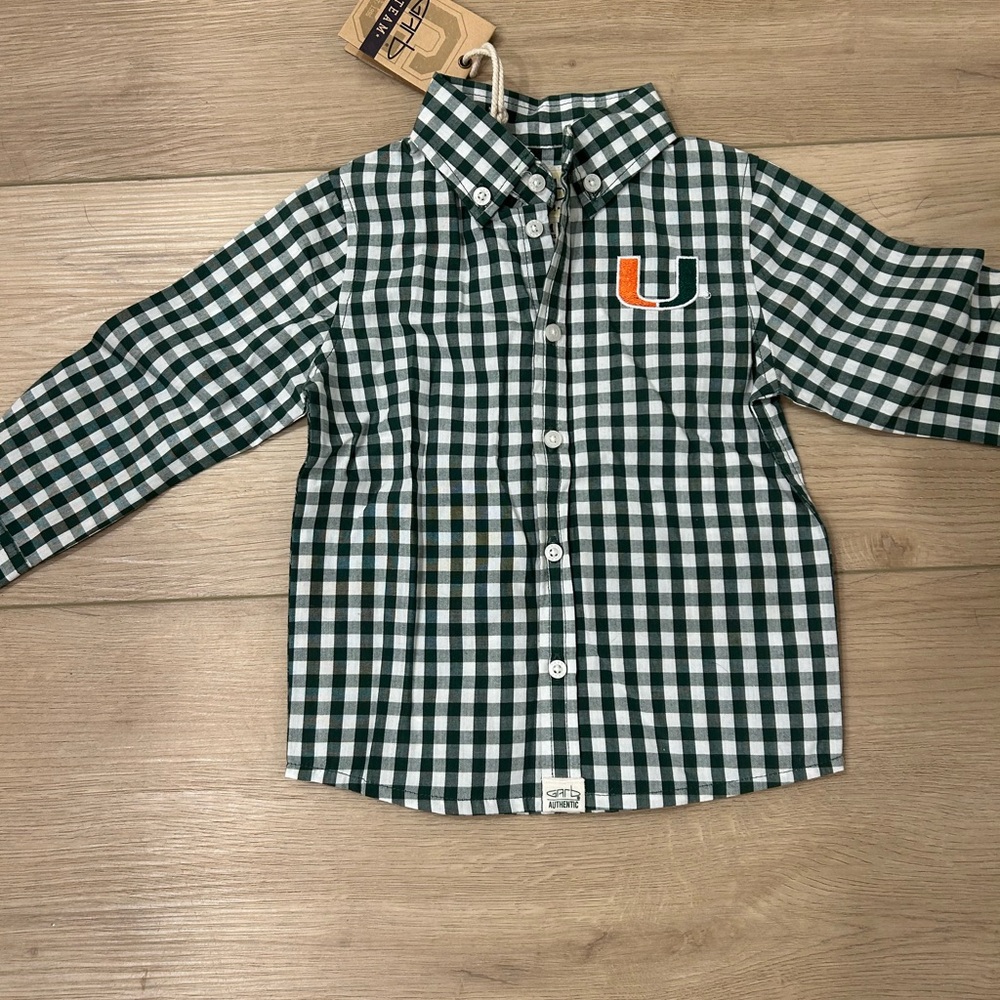 Kids University of Miami Green Checkered Button Down Shirt